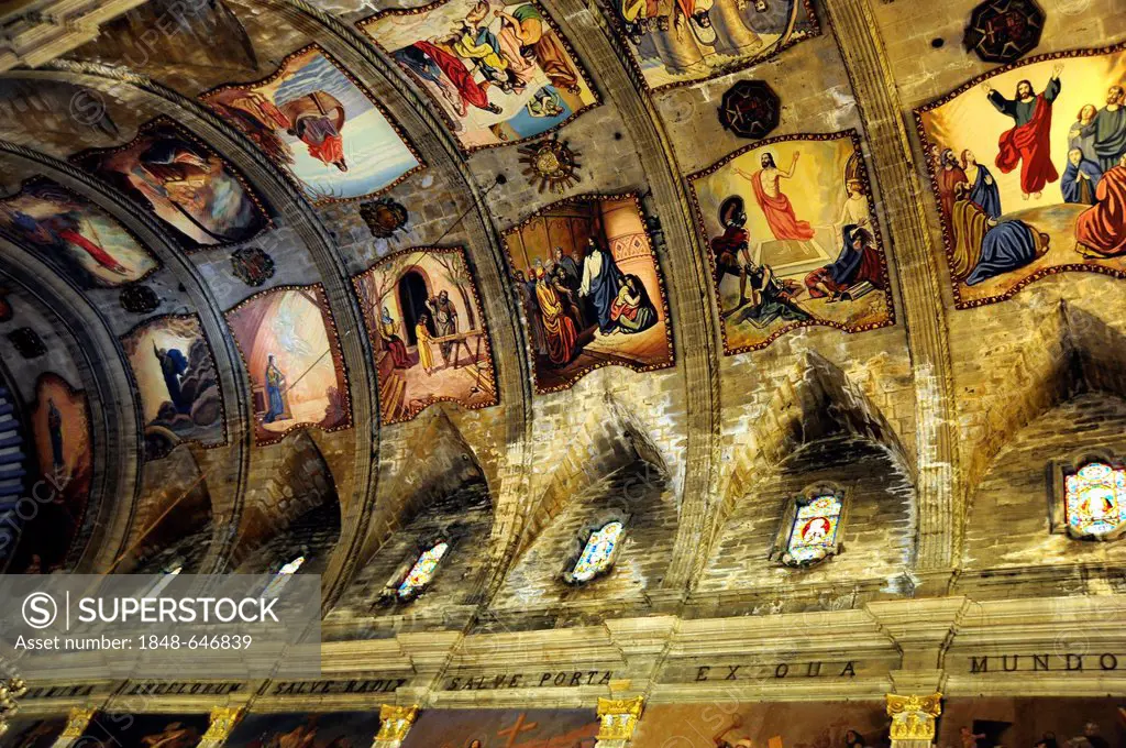 Ceiling painting in the church Nostra Senyora dels Angels, Pollensa, Pollenca, Majorca, Balearic Islands, Mediterranean, Spain, Europe