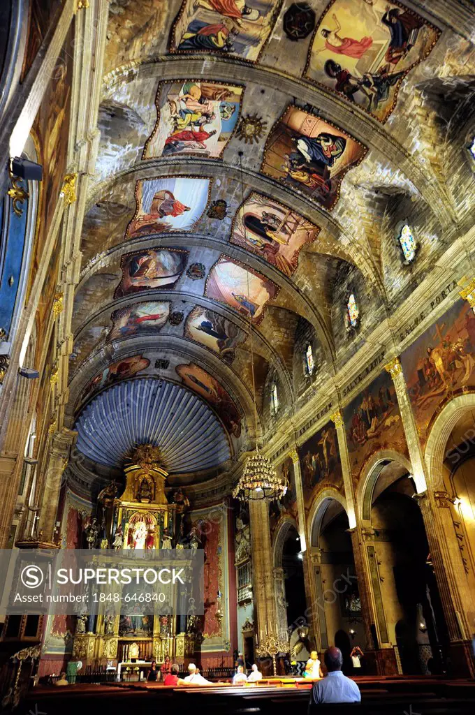Altar, interior decoration and ceiling painting in the church Nostra Senyora dels Angels, Pollensa, Pollenca, Majorca, Balearic Islands, Mediterranean...