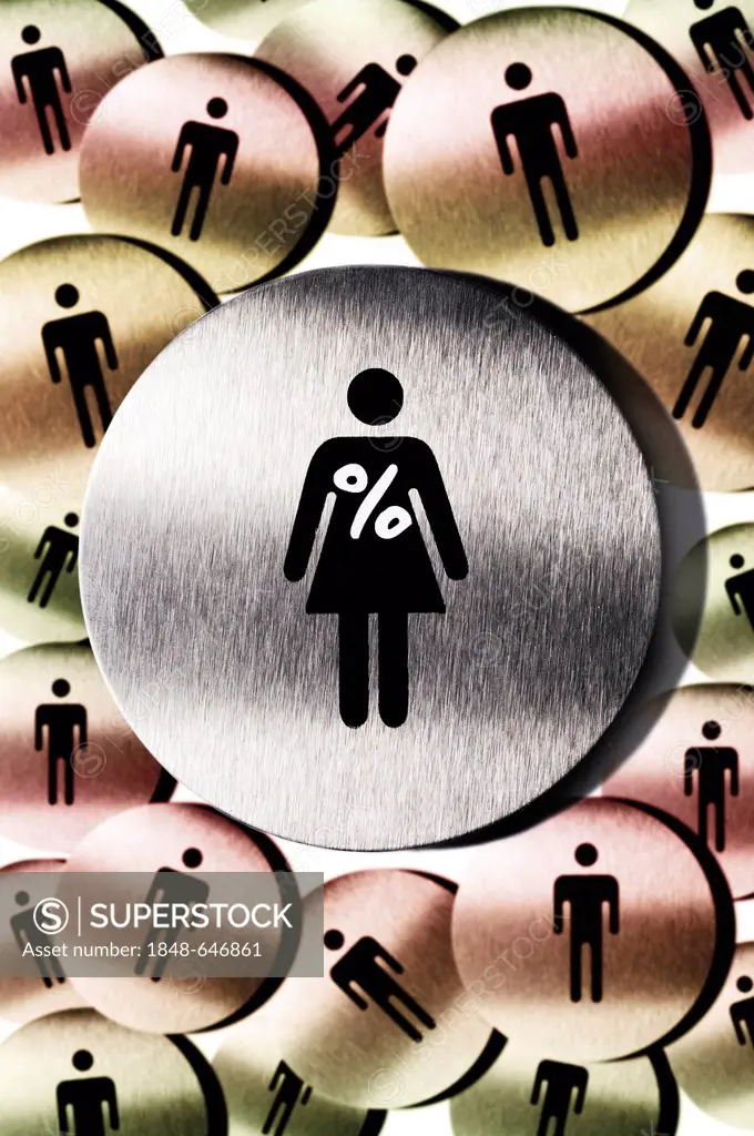 Pictograms, woman with percent sign, many men, symbolic image for woman's quota