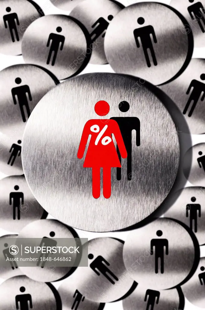 Pictograms, woman with percent sign, many men, symbolic image for woman's quota