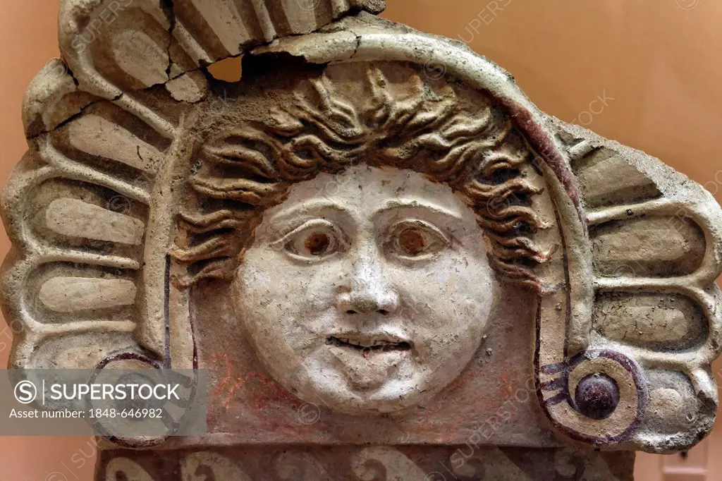 Terracotta Gorgon head, Archaeological Museum of Pithecusa, Lacco Ameno, Ischia Island, Gulf of Naples, Campania, Southern Italy, Italy, Europe