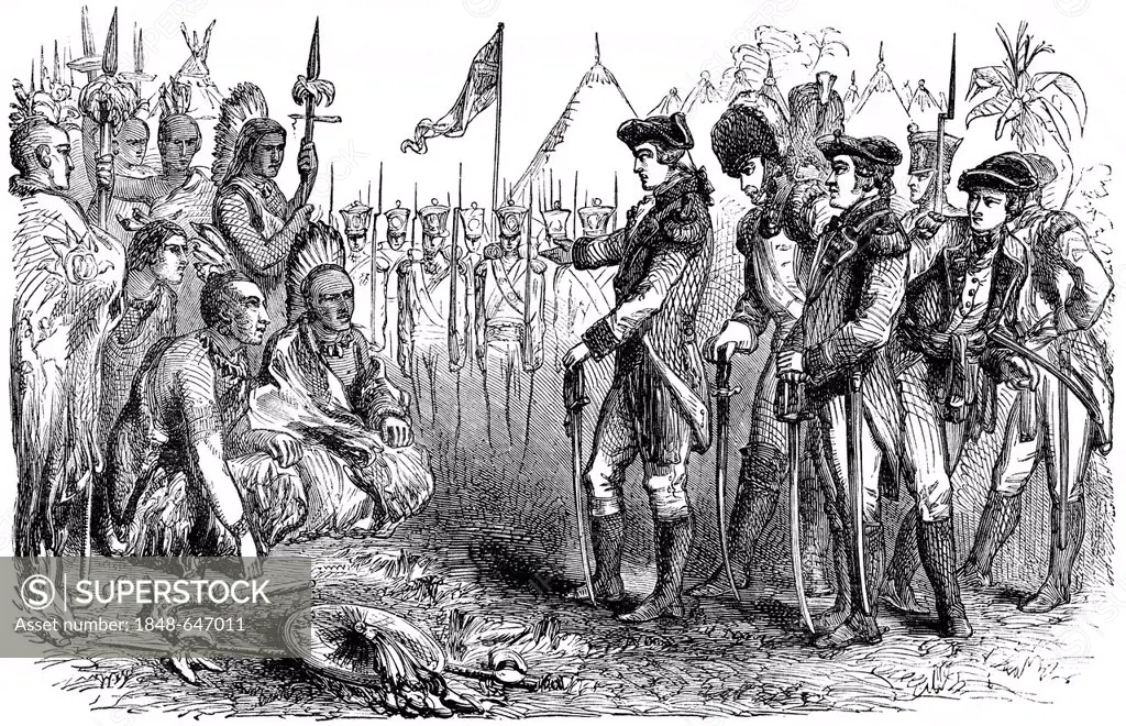 Historical scene, US-American history, 18th century, John Burgoyne, 1722 - 1792, a British general and author, with Indians