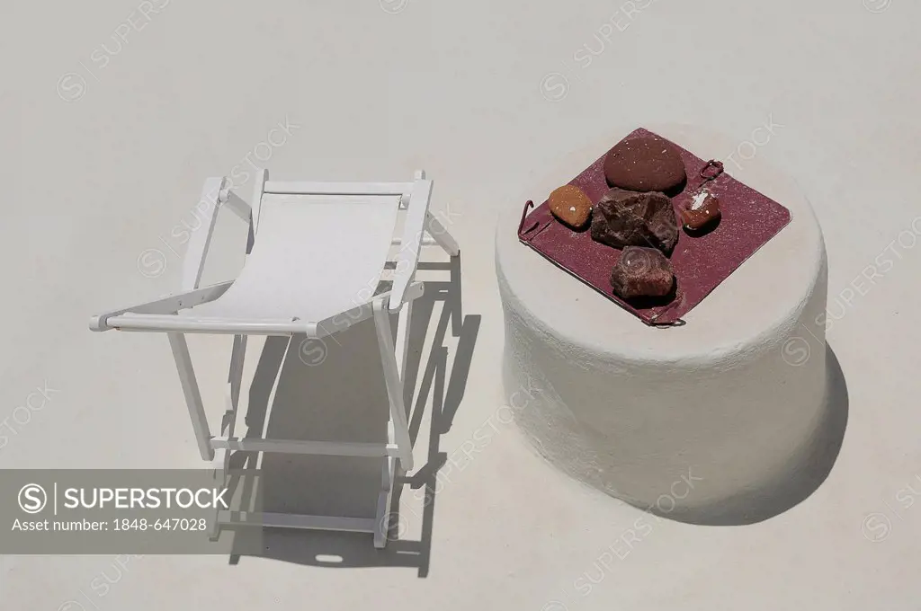 Deck chair, table, terrace, Fira, Santorini, Greece, Europe, PublicGround