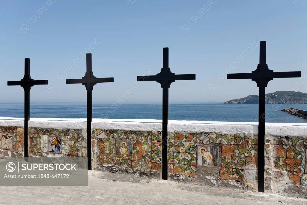 Four crosses, pilgrimage church of Santa Maria del Soccorso, Forio, Ischia Island, Gulf of Naples, Campania, Southern Italy, Italy, Europe