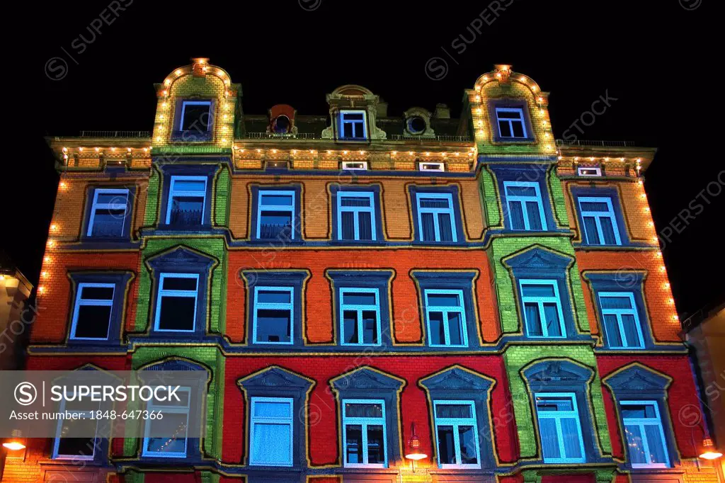 Illuminated building, Marktplatz square, Biberach an der Riss, Biberach region, Upper Swabia, Baden-Wuerttemberg, Germany, Europe