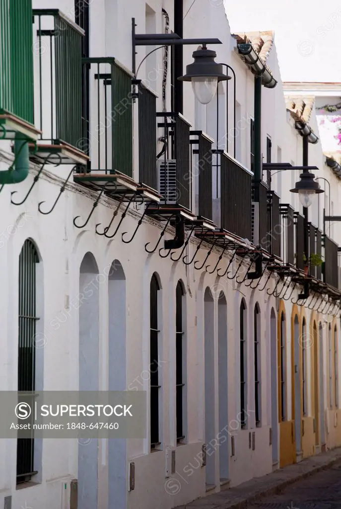 Row of houses in Calle Isaac Peral, Chipiona, Costa de la Luz, Andalusia, Spain, Europe