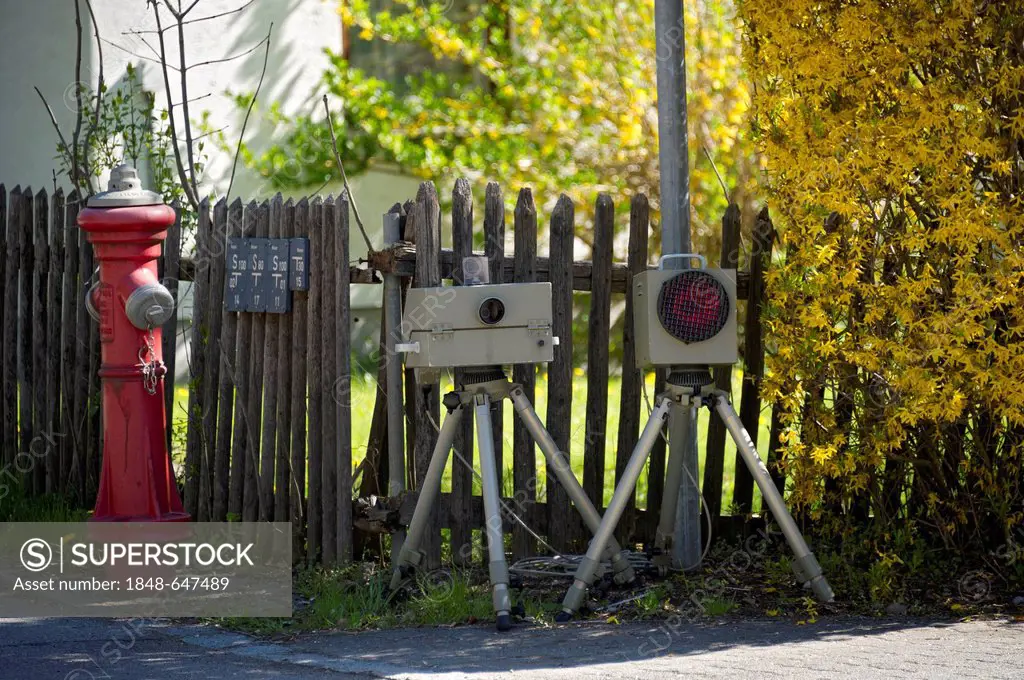 Speed camera and infrared flash, mobile radar unit to measure speed, speed trap, Anzing, Upper Bavaria, Bavaria, Germany, Europe