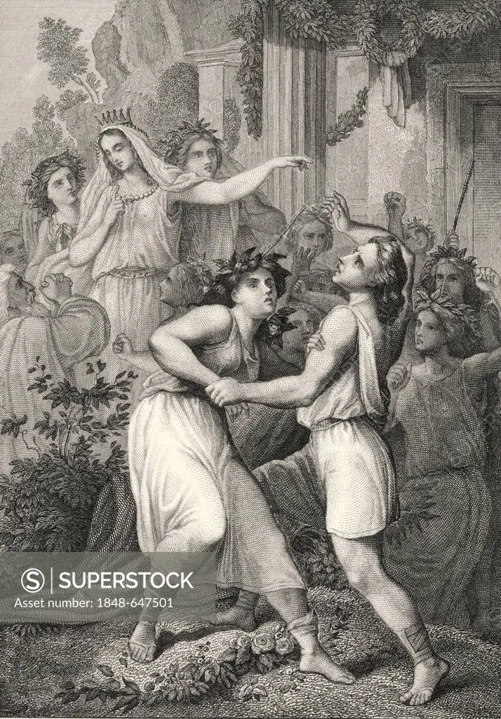 Historic steel engraving, dance of the virgins, scene from Daphnidion, The Rose of Hexameron of Rosenhain by Christoph Martin Wieland