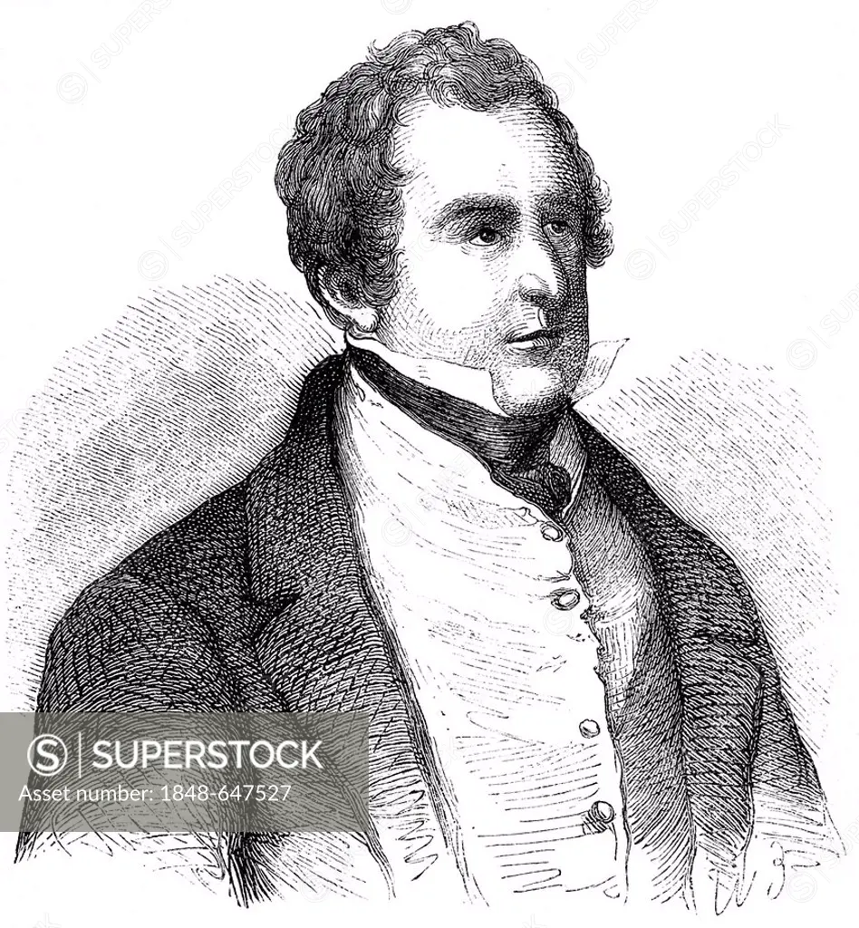 Historical drawing from the 19th century, portrait of Sir Robert Peel, 1788 - 1850, 2nd Baronet Peel of Clanfield, a British politician, prime ministe...