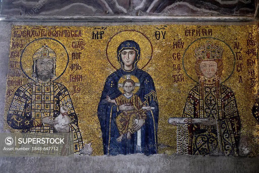 Mosaic of the Virgin Mary, Emperor couple John II, Komnenos and Irene, Byzantine Deësis mosaic on the south gallery, interior view, Hagia Sophia, Ayas...