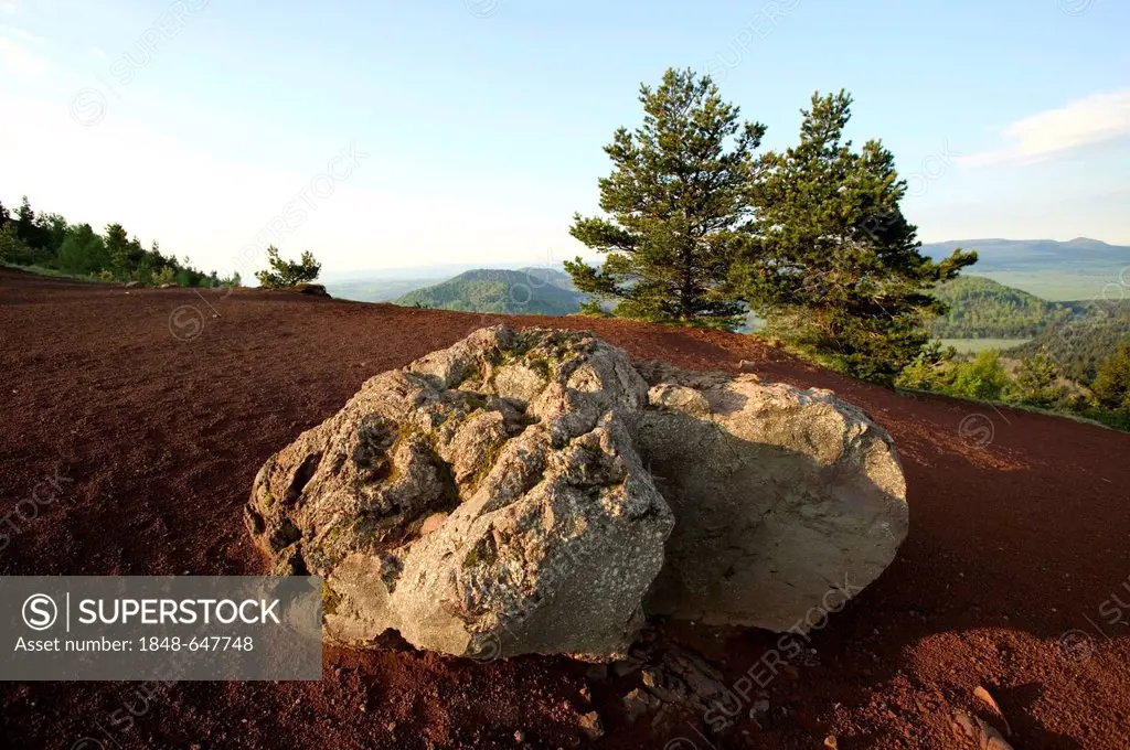Volcanic rock on the top of Puy de la Vache, Auvergne Volcanoes Natural Park, Puy de Dome, Auvergne, France, Europe