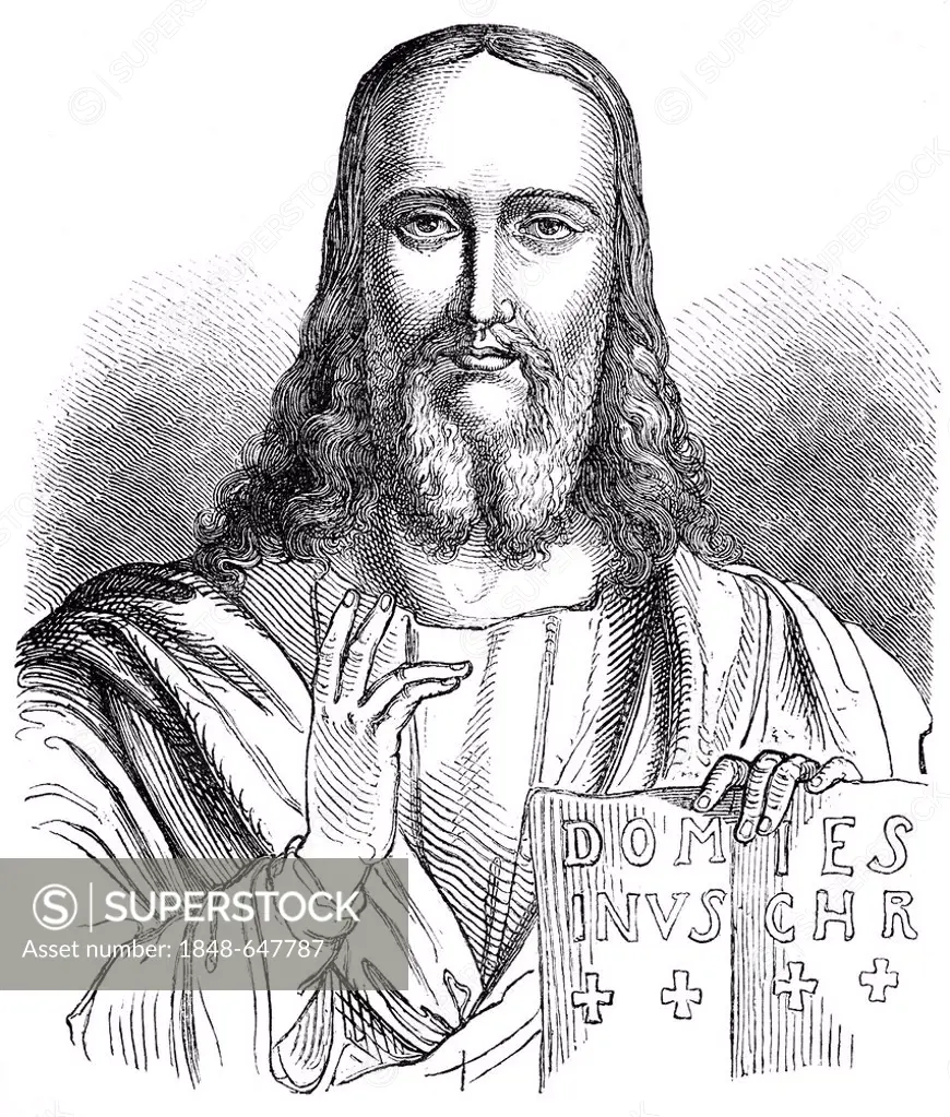 Historical drawing from the 19th century, portrait of Jesus of Nazareth or Jesus Christ