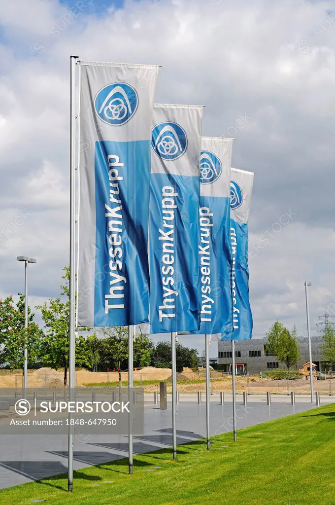 Flags, ThyssenKrupp, Thyssen Krupp, corporate headquarters, Krupp quarter, steel industry, Ruhr Area, Essen, North Rhine-Westphalia, Germany, Europe, ...