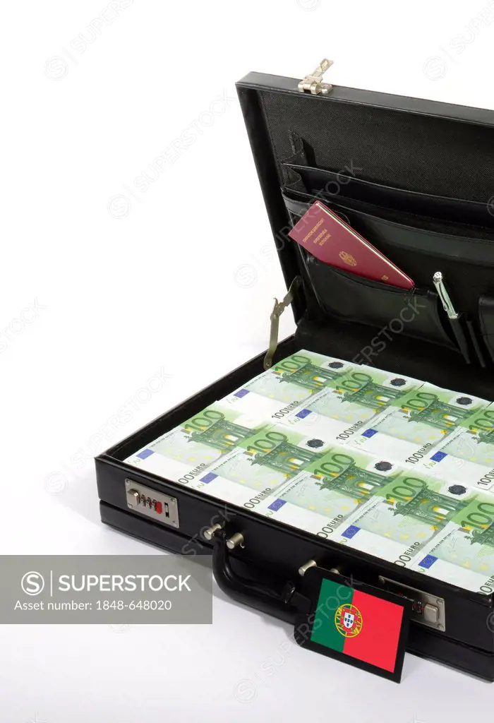 Symbolic image for European countries at risk, 100-euro banknotes in a briefcase, suitcase of money, luggage tag with a Portuguese national flag, Germ...