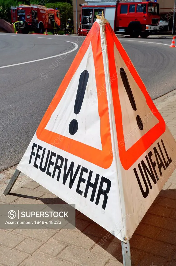 Warning sign, lettering Feuerwehr, German for fire brigade, fire run, Saxony, Germany, Europe