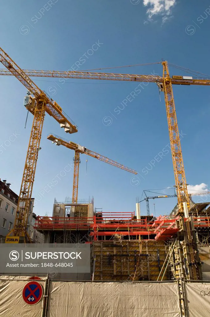 Construction cranes and major building site on a former Karstadt site at the cathedral, third floor, Munich, Bavaria, Germany, Europe