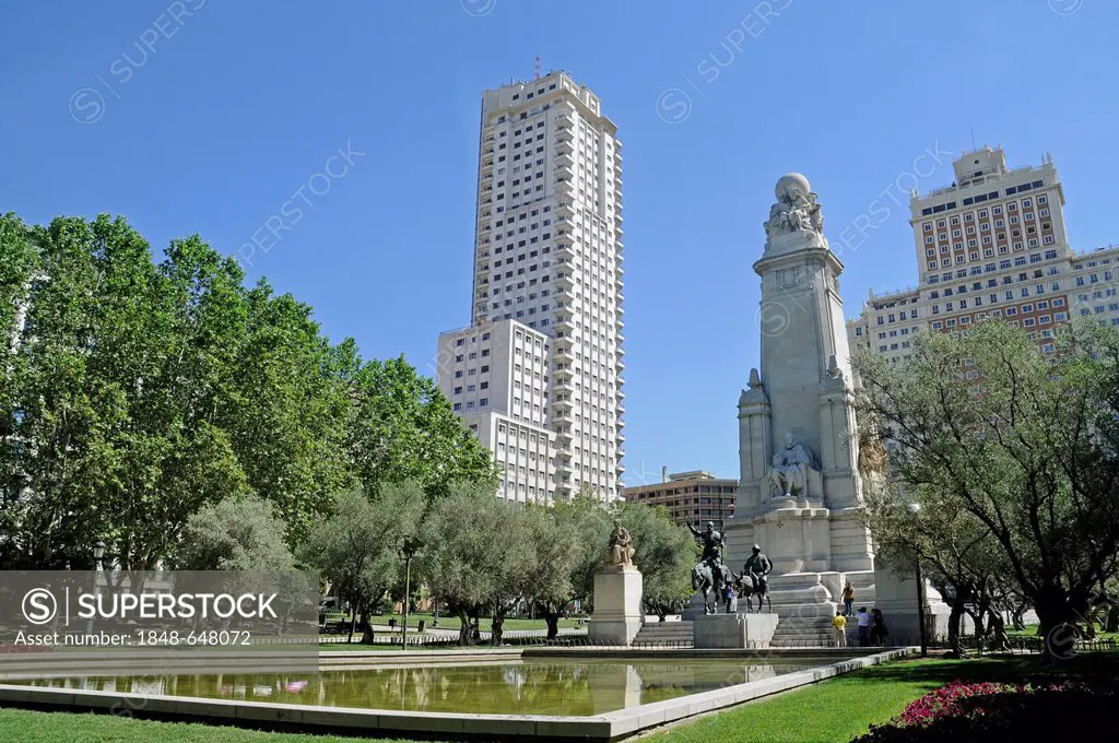 Torre de Madrid, high-rise building, monument to Miguel de Cervantes with sculptures of Don Quixote and Sancho Panza in Plaza de España, Madrid, Spain...