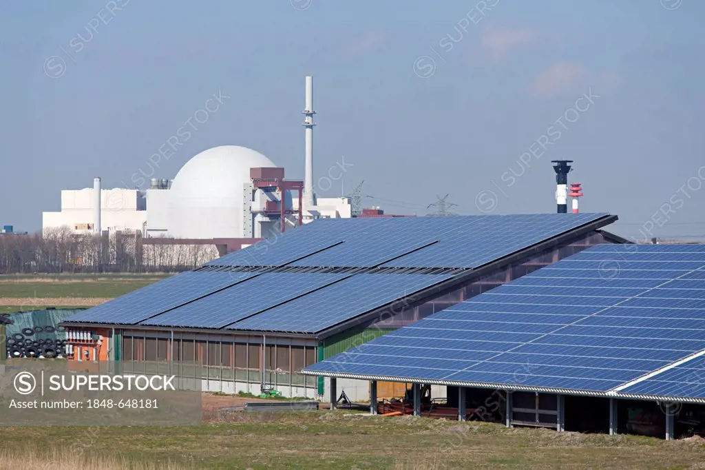 Brokdorf Nuclear Power Plant and a photo-voltaic system, Schleswig-Holstein, Germany, Europe