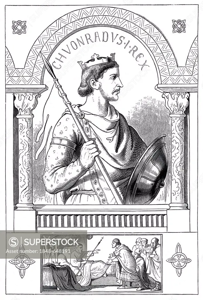 Conrad I, 881 - 918, historical illustration from Bildnisse der Deutschen Koenige und Kaiser, Portraits of German Kings and Emperors, by Professor Hei...