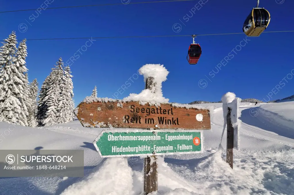 Signpost Seegatterl, gondola lift or cable car, Winklmoos-Alm skiing area, Chiemgau region, Bavaria, Germany, Europe