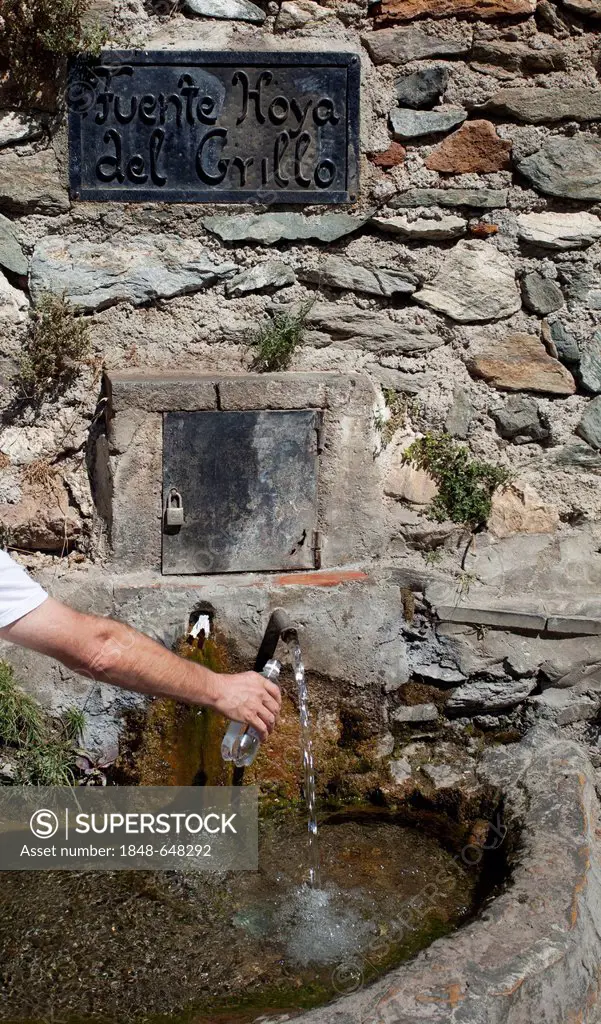 Bottle is filled with spring water, fountain in Lanjarón, La Alpujarra or Las Alpujarras region, Andalusia, Spain, Europe