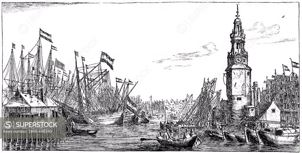 Historic drawing, illustration of the herring fishing fleet in the harbor of Amsterdam, 16th century, the Netherlands, Europe