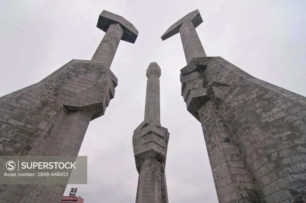 Hammer and sickle and pen, Monument to the Korean Workers Party, Pyongyang, North Korea, Asia