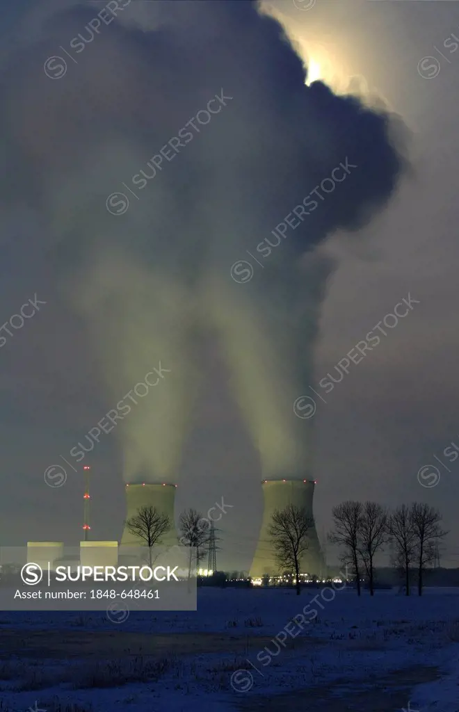 Smoke column covering the moon, Gundremmingen Nuclear Power Plant, the most powerful German atomic power plant, Gundremmingen near Guenzburg, Bavaria,...