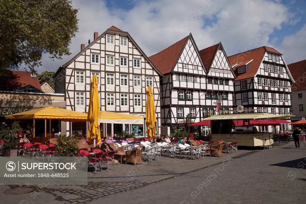 Half-timbered houses and a hotel, Zum wilden Mann, on Markt square, Soest, Sauerland, North Rhine-Westphalia, Germany, Europe, PublicGround