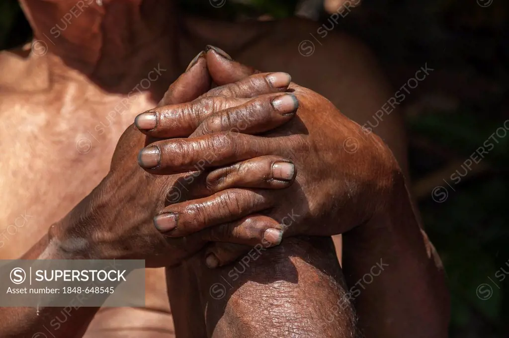 Folded hands, elderly man from the Mlabri, Mrabri, Yumbri, Ma Ku or Spirits of the Yellow Leaves hill tribe, ethnic minority, nomads, Northern Thailan...