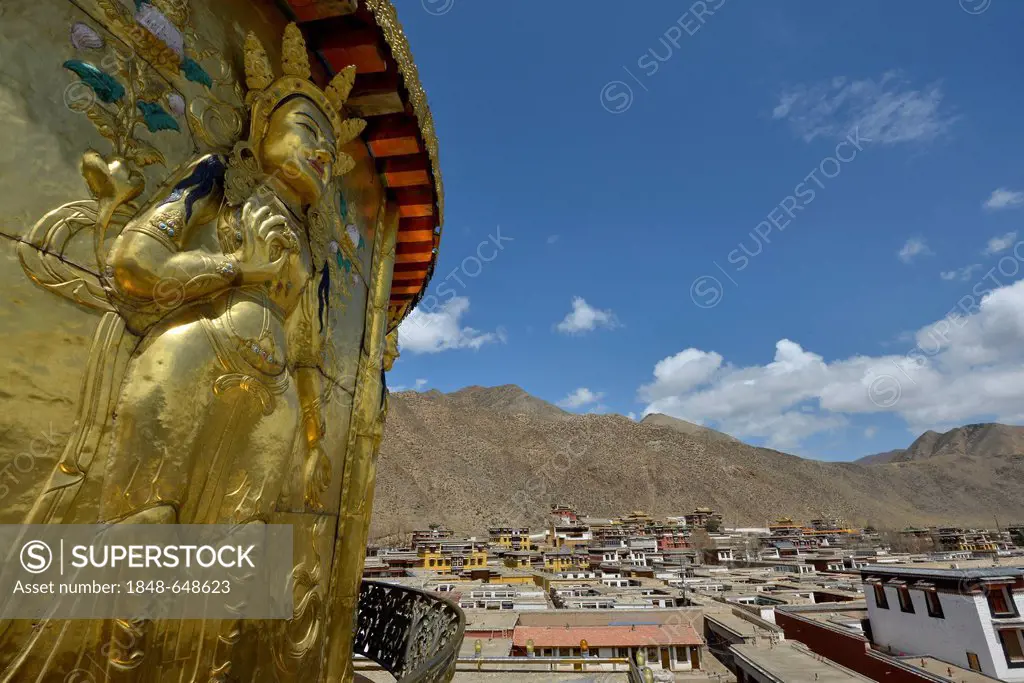 Tibetan Buddhism, large golden Khumbum stupa at the Labrang Monastery with views of the entire monastery city, kora at Labrang Monastery, Xiahe, Gansu...