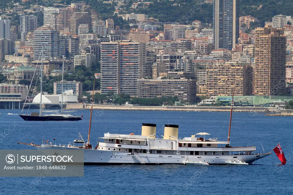 Motor yacht, Talitha, built by the Krupp Germania shipyard, length of 82.6 metres, built in 1930, in front of Monaco, Côte d'Azur, France, Mediterrane...