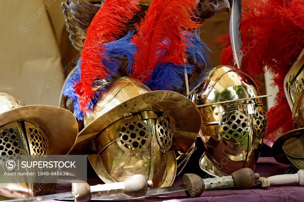 Roman helmets with visors, Gladiator Thraex, Roman Festival, Archaeological Park Xanten, Lower Rhine region, North Rhine-Westphalia, Germany, Europe