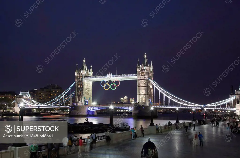 Illuminated Tower Bridge with the Olympic Rings to mark the Olympic Games in London in 2012, London, England, United Kingdom, Europe