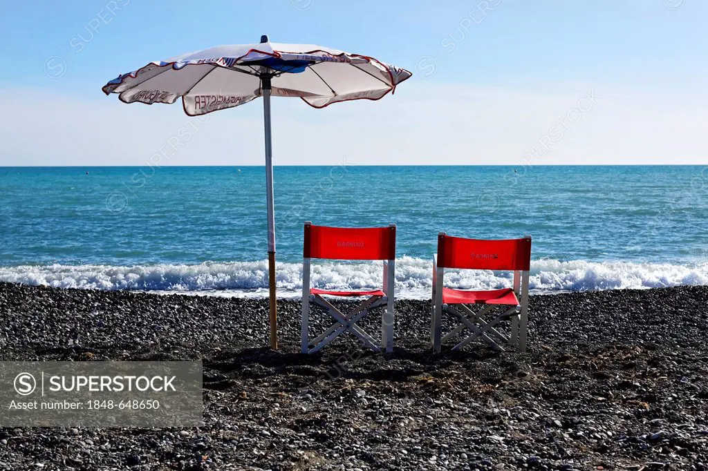 Italian life guard chairs and sun umbrella on beach, Le Gorette, Cecina, Tuscany, Italy, Europe
