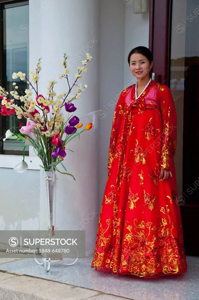 Traditionally dressed woman in the Koryo Museum, Songgyungwan, Kaesong, North Korea, Asia