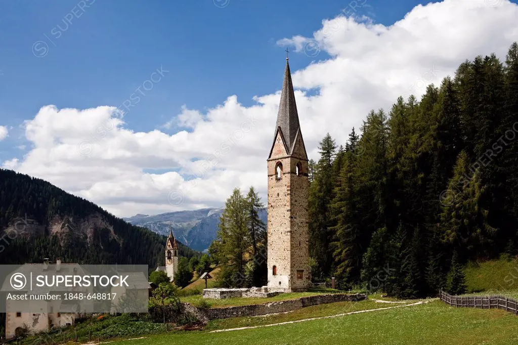 St. Jenesius Church and St. Barbara in Wengen, Dolomites, South Tyrol, Italy, Europe