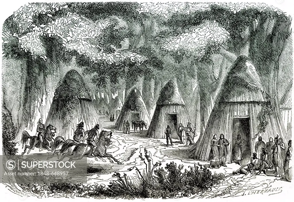 Historic drawing, 19th century, scene from the history of France, a Gallic village in the forest, around 100 BC