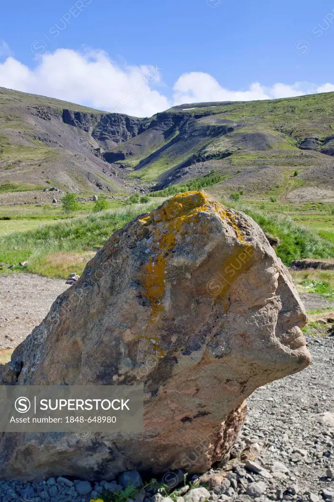 Stone sculpture by Páll Guðmundsson, Bæjarfell Gorge at back, Húsafell, Iceland, Europe
