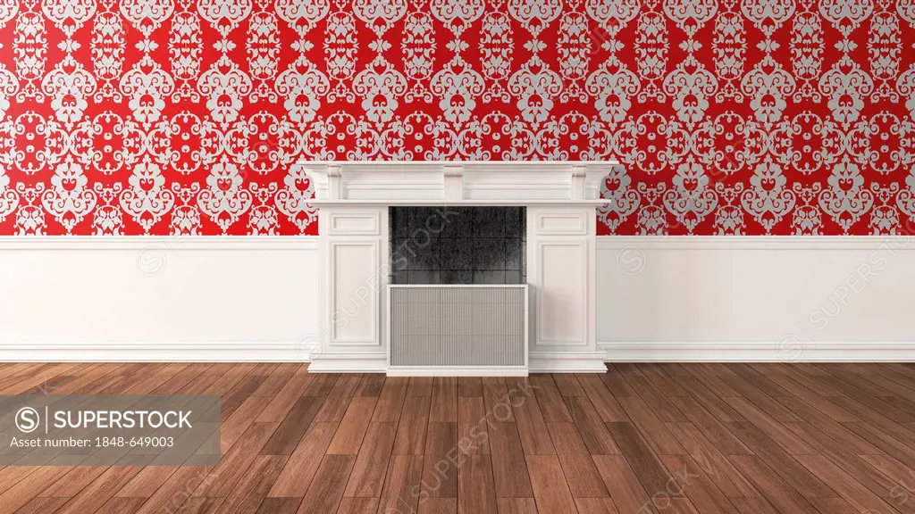 Empty living room with fireplace, Baroque-style wallpaper and oak flooring, 3D illustration