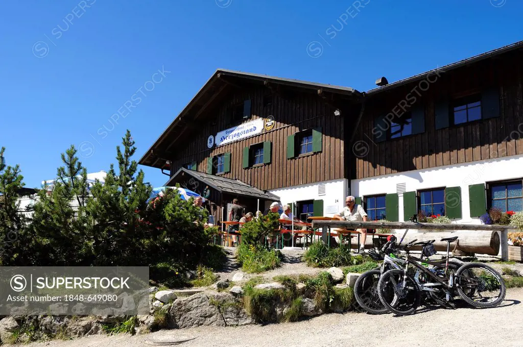 Herzogstandhaus hunting lodge, Mt. Herzogstand, Bad Toelz-Wolfratshausen district, Upper Bavaria, Bavaria, Germany, Europe