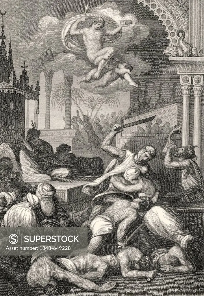 Historic steel engraving, battle, massacre, illustration on Oberon, an epic poem by Christoph Martin Wieland