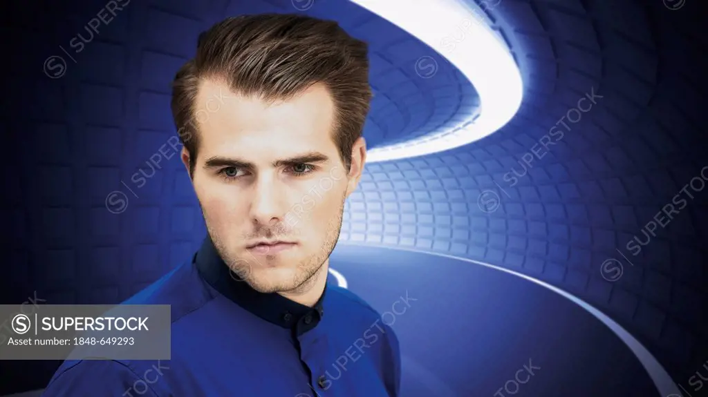 Young man standing in front of an illuminated tunnel, futuristic scene, serious face