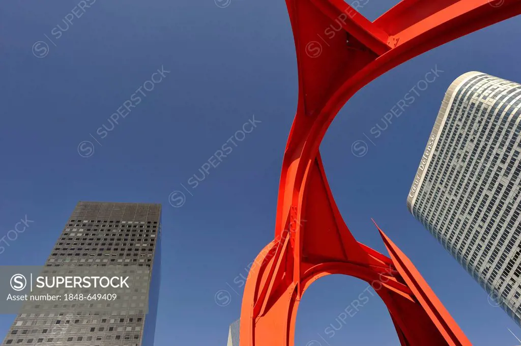 Red sculpture by Alexander Calder, Tour Areva, former Tour FIAT and Tour Coeur Défense, high-rise buildings, La Défense, Paris, France, Europe