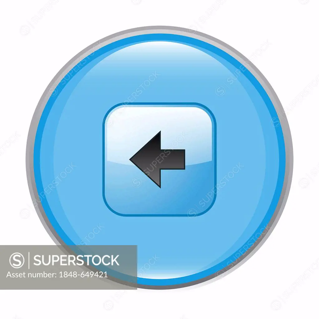 Blue glossy icon, arrow pointing to the left