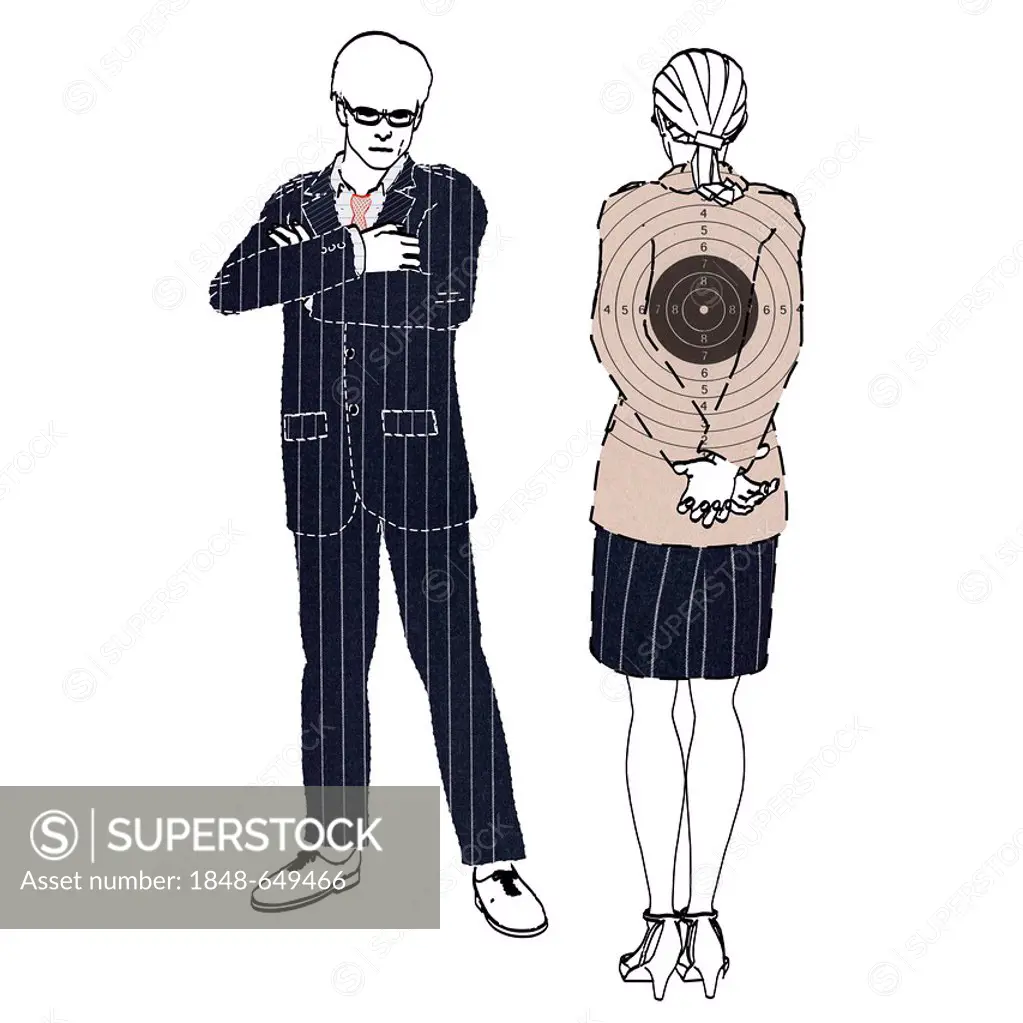 Colleague looking down on co-worker as a target, symbolic image for bullying, illustration