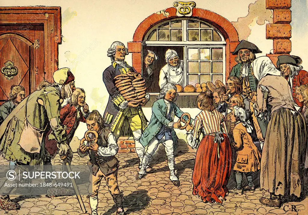 Young Crown Prince Frederick giving out bread to the poor, Frederick the Great also known as Frederick II