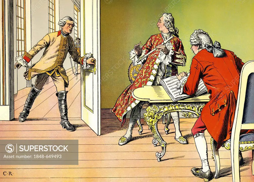 Frederick William I of Prussia interrupting the young Crown Prince Frederick and Mr Quantz, his music teacher during a flute lesson, Frederick the Gre...