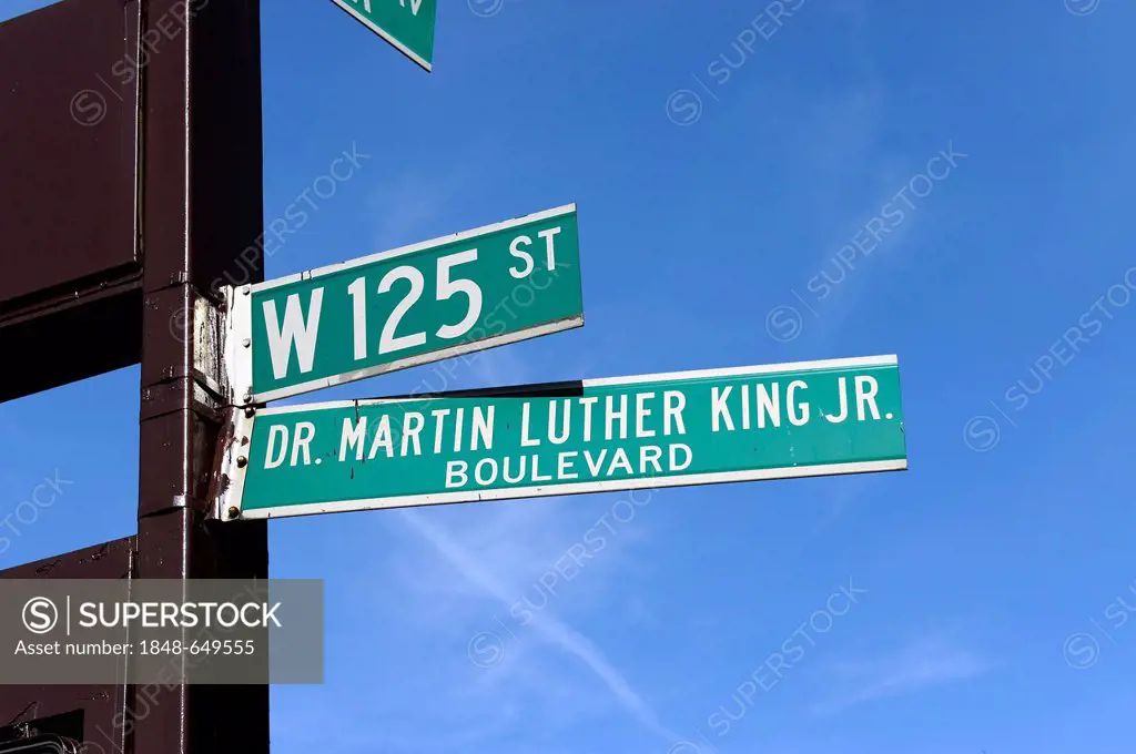 Street signs in Harlem, West 125th Street, Martin Luther King Boulevard, Manhattan, New York City, New York USA, North America