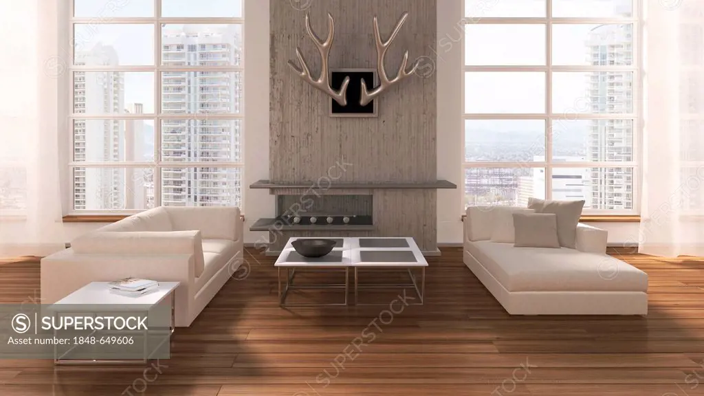 Loft-like living room with sofas, coffee table, fireplace, deer antlers and oak flooring, urban views, 3D illustration